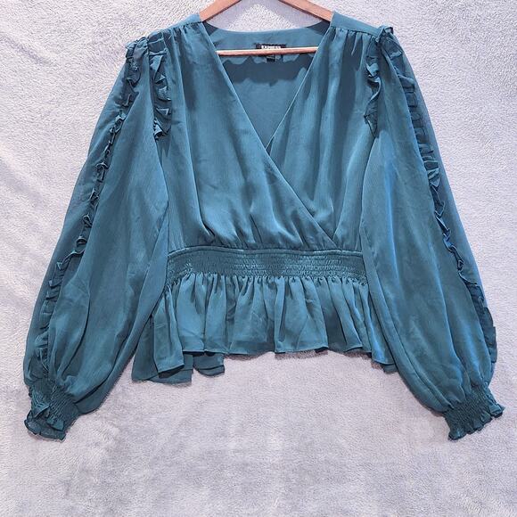 Express Womens Green Faux Wrap Ruffle Peplum Blouse Size Large Fairy Romantic - Picture 1 of 8